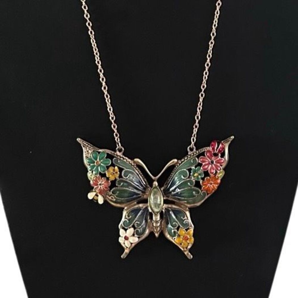 Betsey Johnson Butterfly Pendant Necklace 24" Gold-tone Enameled Hand-Painted - Picture 2 of 8